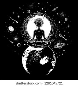 Space meditation. Vector girl between earth and moon. T-shirt print design