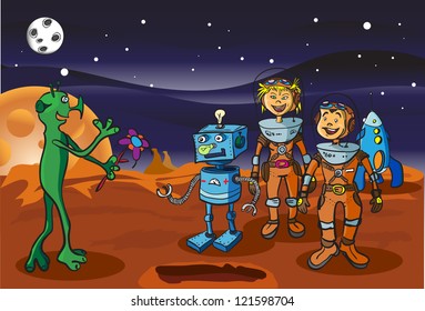 Space meeting children-astronauts and alien on Mars