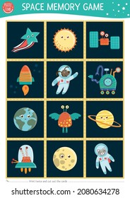 Space memory game cards with planets, alien, rocket. Matching astronomy activity with astronaut, star, earth. Remember and find correct card. Simple printable worksheet for kids. 
