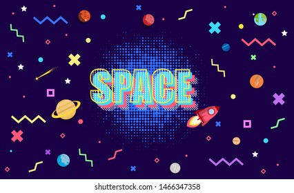 Space, Memphis geometric bright style for back to school. education background, banner, poster. Vector Illustration 