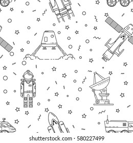 Space memphis seamless pattern. Fashion 80-90s. Black and white mosaic textures. Vector illustration. Human mission to Mars. Thin line icon.