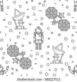 Space memphis seamless pattern. Fashion 80-90s. Black and white mosaic textures. Vector illustration. Human mission to Mars. Thin line icon.