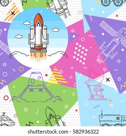 Space memphis seamless pattern. Fashion 80-90s. Colorful geometric textures. Vector illustration. Human mission to Mars. Thin line icon.