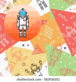 Space memphis seamless pattern. Fashion 80-90s. Colorful geometric textures. Vector illustration. Human mission to Mars. Thin line icon.