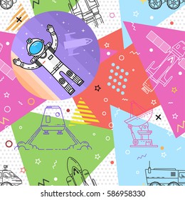 Space memphis seamless pattern. Fashion 80-90s. Colorful geometric textures. Vector illustration. Human mission to Mars. Thin line icon.