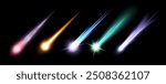 Space meteor, asteroid with fire trails realistic. 3d meteorite space object falling down, lying fireball or meteor with fire neon light trail. Vector comet with tail of flame, burning rock