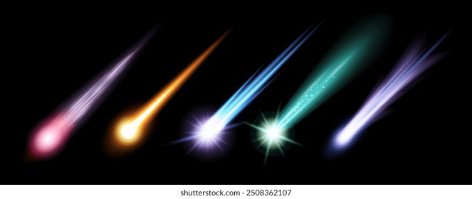 Space meteor, asteroid with fire trails realistic. 3d meteorite space object falling down, lying fireball or meteor with fire neon light trail. Vector comet with tail of flame, burning rock