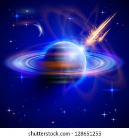 Space - Meteor attack blue planet. Vector drawing / Eps10
