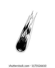 Space meteorite dropping out of the sky, falling star in black and white isolated. Meteorites, meteor.