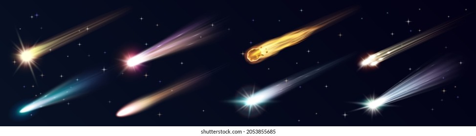 Meteorólogos, cometas, estrellas y asteroides espaciales con senderos de incendios realistas. Balón de fuego de meteoritos 3d y objetos espaciales cayendo con gas brillante y colas de polvo. Ilustración del vector