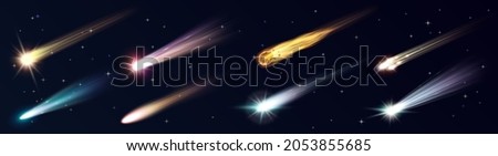 Space meteors, comets, stars and asteroids with fire trails realistic. 3d meteorite fireball and space objects falling down with glowing gas and dust tails. Vector illustration