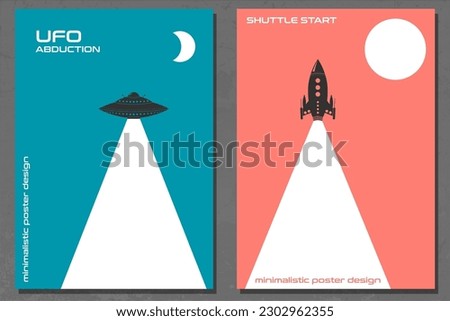 Space minimalistic concept retro poster set. Shuttle start day, UFO spaceship night. Abstract Wall Art. Digital Interior Decoration Art