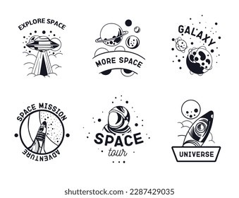 Space minimalistic labels set. Collection of graphic elements for website. Asteroids, planets and flying saucer. Astronaut and rocket. Cartoon flat vector illustrations isolated on white background