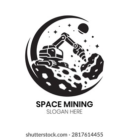 Space Mining logo depicts heavy planetary excavation machinery operating on a lunar landscape, perfectly crafted for aerospace mining corporations, space exploration agencies, futuristic robotics developers, or extraterrestrial resource ventures seeking a pioneering identity.