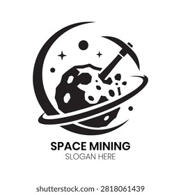Space Mining logo illustrates a robotic lunar excavation vehicle drilling into a cratered planetary body under orbital rings. This futuristic, adventurous design is highly effective for space exploration agencies, extraterrestrial resource extraction startups, aerospace engineering firms, or science fiction technology enterprises requiring a bold, exploratory identity.