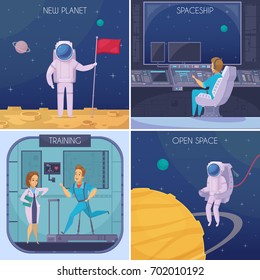 Space missing 4 cartoon icons concept with medical tests  training and astronaut in open space isolated vector illustration 