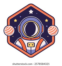 Space mission badge featuring planets and helmet