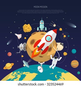 Space mission concept with moon earth and research satellites flat vector illustration