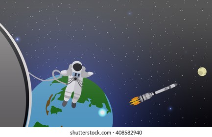 Space mission concept vector illustration. Astronauts in space station and outer space. Cosmonauts flying in no gravity space. Rocket launch.