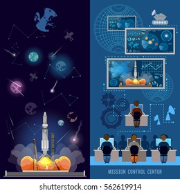 Space mission control center banner, start rocket in space. Modern technologies, shuttle taking off on mission, global spaceport 