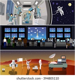 Centro de Controle de Missão Espacial. Ilustração vetorial de lançamento de foguetes. Astronautas na estação espacial e no espaço sideral. Conceito de aterragem para Marte.