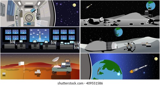 Space mission control center. Rocket launch vector illustration. Space station and outer space. Landing to Mars landscape concept.