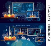 Space Mission Control Center,  Space shuttle taking off on mission, spaceport, start rocket in space. Modern space technologies, return report of start of rocket 