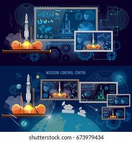 Space Mission Control Center,  Space shuttle taking off on mission, spaceport, start rocket in space. Modern space technologies, return report of start of rocket 