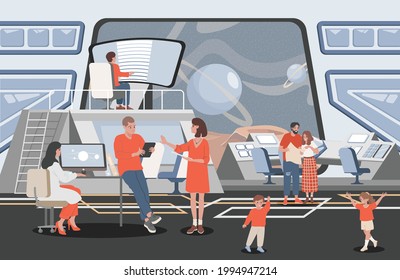 Space mission control center vector flat illustration. People working with computers and plans to launch rocket to the cosmos. Happy smiling men and women at space tracking company.