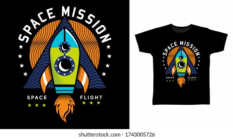 Space mission design with rocket illustration, ready for print on kids t-shirt.