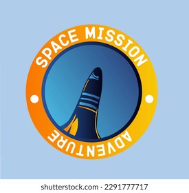 Space mission label. Rocket and spaceship silhouette. Scientific travel and colonization, expeditions and adventures. Sci fi and futuristic. Cartoon flat vector illustration