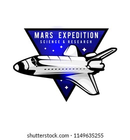 Space mission to Mars vector logotype concept with space shuttle. Blue colors in priority. Mars expedition logo concept.  Space mission badge for  for expeditions, events, apparel, banners etc