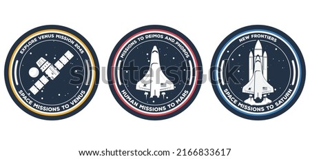 Space mission patch: space rockets and satellite. Venus, Mars and Saturn сircle badge. Science and space exploration labels and patches. Realistic space mission badges with vehicles.