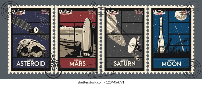 Space Mission Postage Stamps Asteroid, Moon, Mars, Saturn, Rockets, Satellite, Science Propaganda Posters