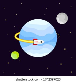 Space Mission, poster design template, spaceship flies in the orbit of an unknown planet, vector illustration