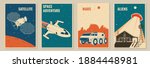 Space mission posters, banners, flyers. Vector illustration Concept for shirt, print, stamp. Vintage typography design with space rocket, mars rover and ufo flying spaceship silhouette.