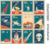 Space mission posters, banners, flyers. Vector illustration Concept for shirt, print, stamp. Vintage typography design with space rocket, alien and camper silhouette.