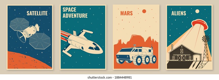 Space mission posters, banners, flyers. Vector illustration Concept for shirt, print, stamp. Vintage typography design with space rocket, mars rover and ufo flying spaceship silhouette.