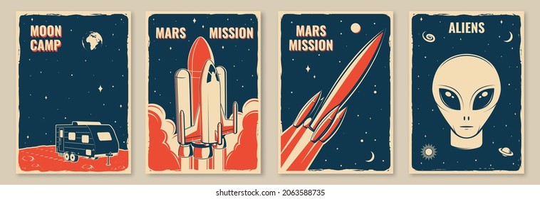 Space mission posters, banners, flyers. Vector illustration Concept for shirt, print, stamp. Vintage typography design with space rocket, alien and camper silhouette.