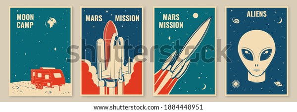 Space mission posters,
banners, flyers. Vector illustration. Concept for shirt, print,
stamp. Vintage typography design with space rocket, alien and
camper silhouette.