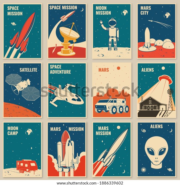 Space mission posters,\
banners, flyers. Vector illustration Concept for shirt, print,\
stamp. Vintage typography design with space rocket, alien and\
camper silhouette.