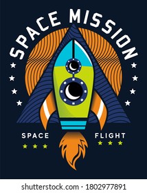 Space mission rocket illustration, for print on tee and poster