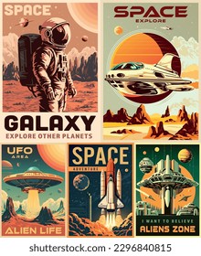 Space mission set posters colorful with shuttles for astronauts and ufos for aliens flying around solar system vector illustration