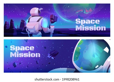 Space missions banner with astronaut in suit and helmet on alien planet in far galaxy. Vector header of cosmos exploration with cartoon illustration of cosmonaut in spacesuit