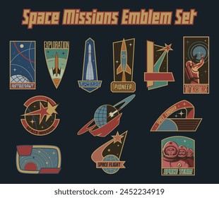 Space Missions Emblem Set. Vector Drawing Cosmic Patches, Labels, Badges. Templates for Space Party, Event