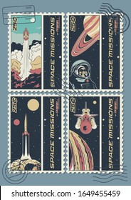 Space Missions Postage Stamps Philately Set, Space ships, Astronaut, Saturn, Jupiter, Asteroid, Rocket Launch