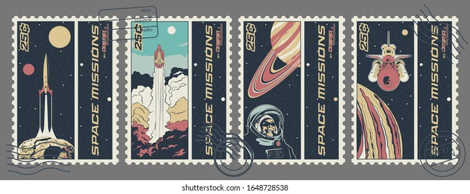 Space Missions Postage Stamps, Spacecraft, Rockets, Astronaut, Jupiter, Asteroid, Moon Surface