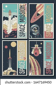 Space Missions Science and Aerospace Propaganda Posters, Rocket Launch, Astronaut, Space Ship, Saturn, Jupiter, Asteroid