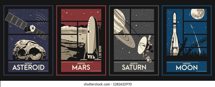 Space Missions Set of Space Posters. Asteroid, Moon, Saturn, Mars