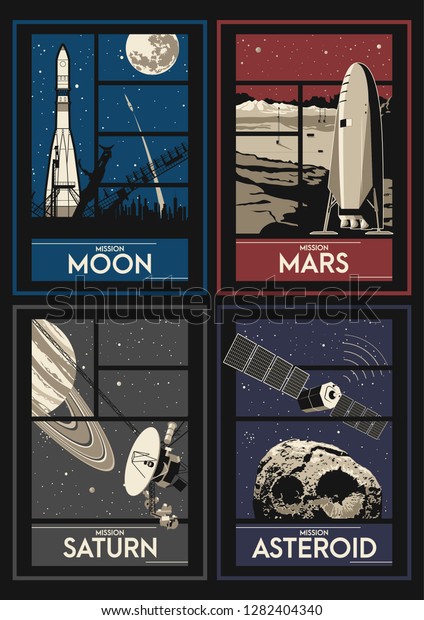 Space Missions Set of Space Propaganda Posters.\
Moon, Asteroid, Mars,\
Saturn